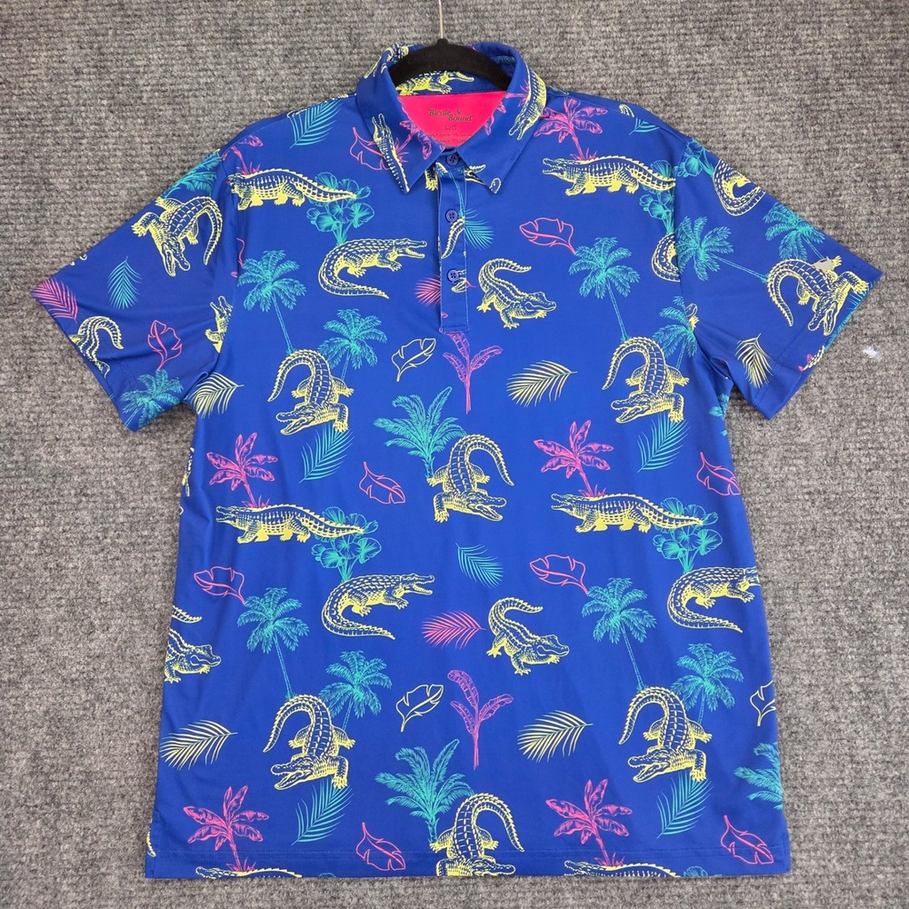 Birdie Bound Mens Large Blue Crocodile Palm Tree Golf Polo Shirt Stretch L